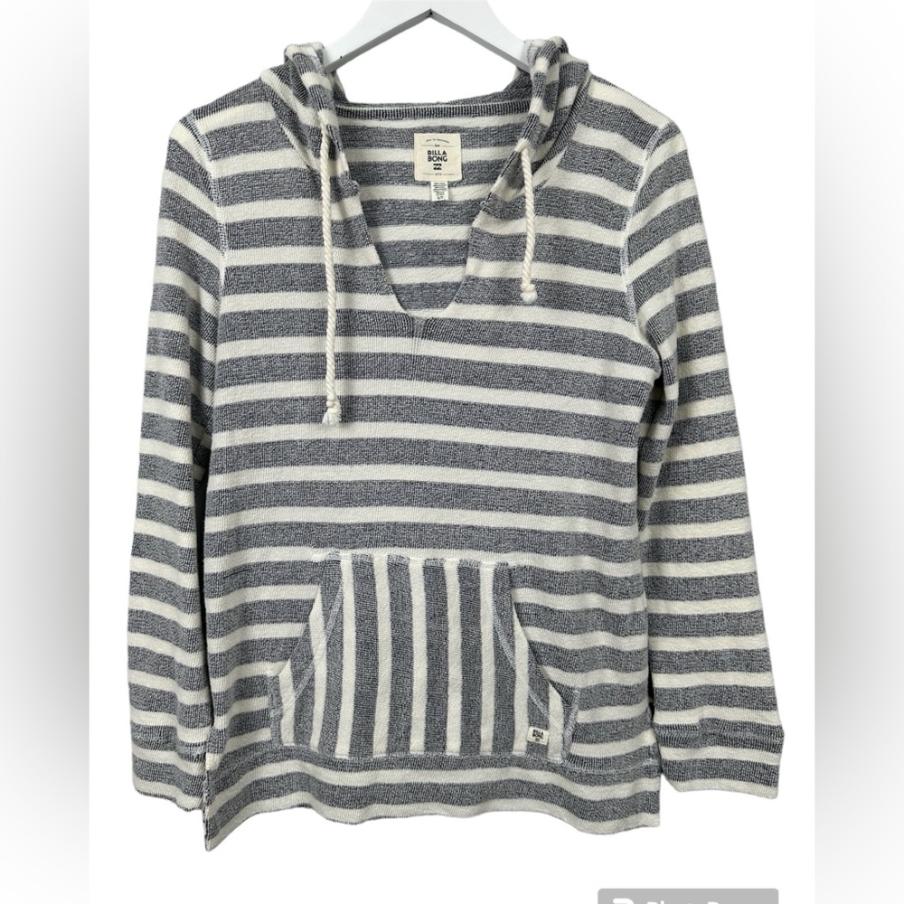 Billabong Striped Gray White V Neck Pullover Sweatshirt Hoodie Size Small
